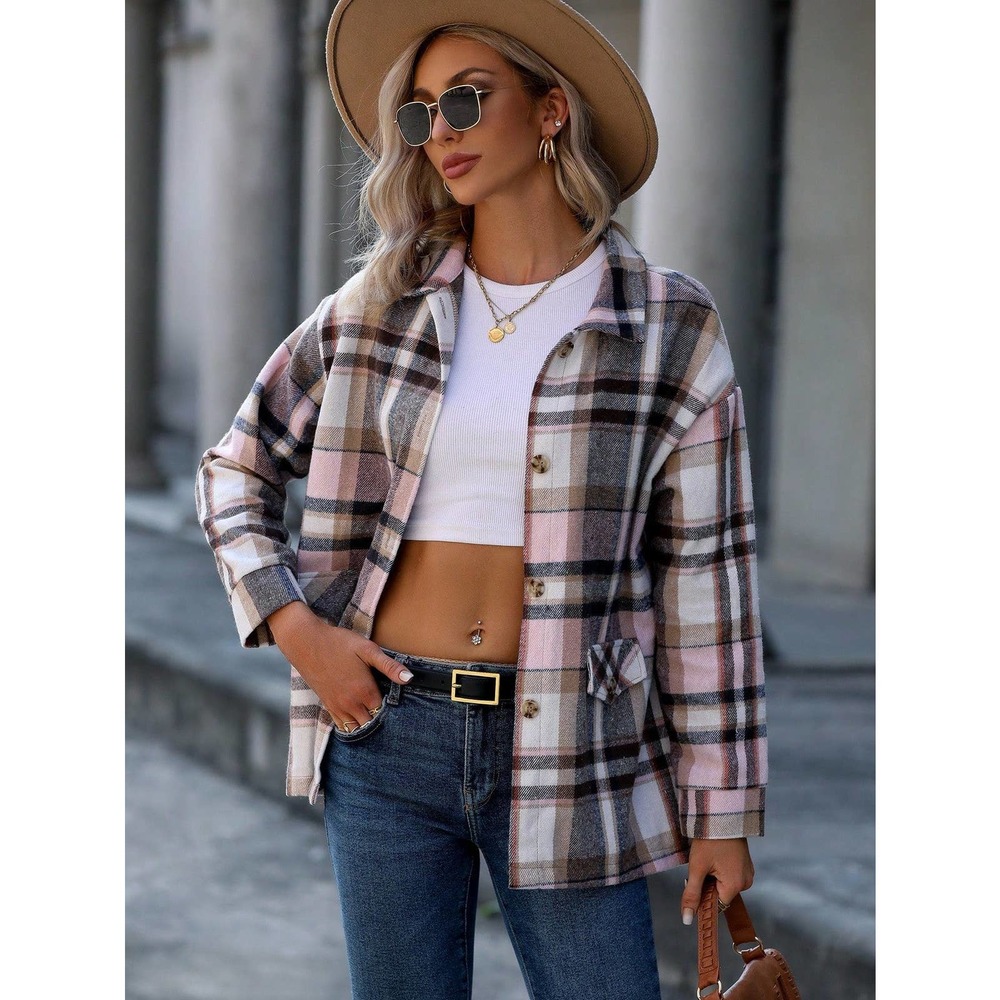 preppy Plaid Overcoat boyfriend trucker shacket jacket - Picture 3 of 8